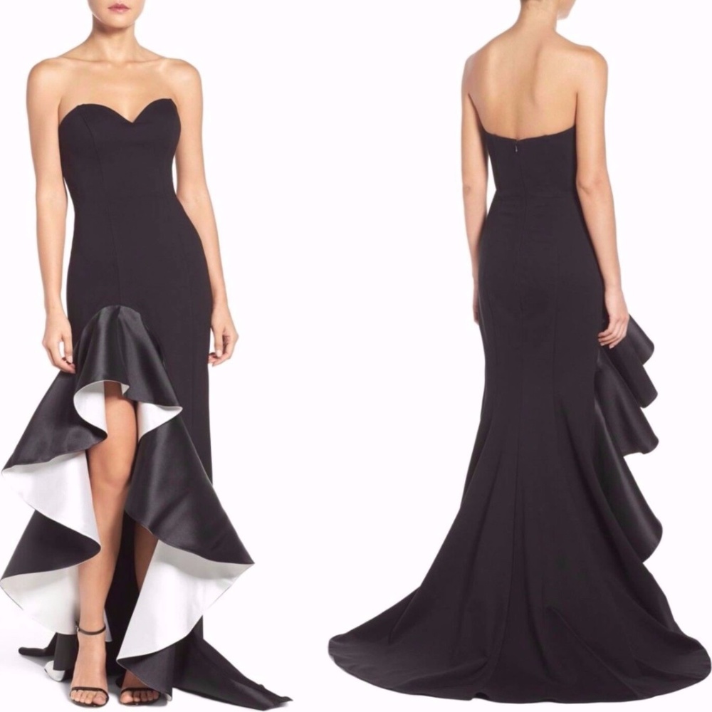 NWT JOVANI Strapless Ruffle Asymmetrical Sweetheart Gown BlackWhite [ 8‎ US ]